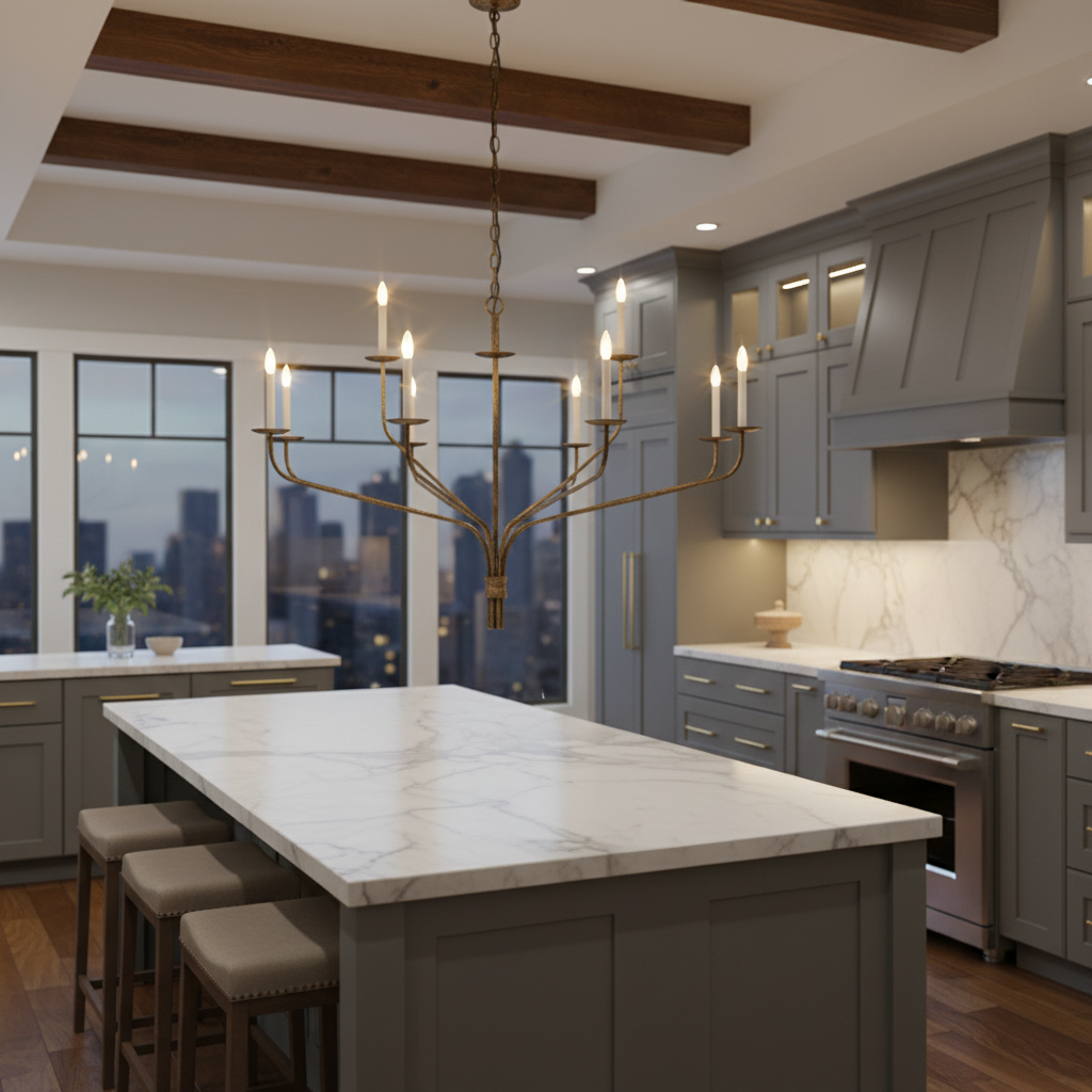 Visual Comfort IKF aged iron pendant in sophisticated interior